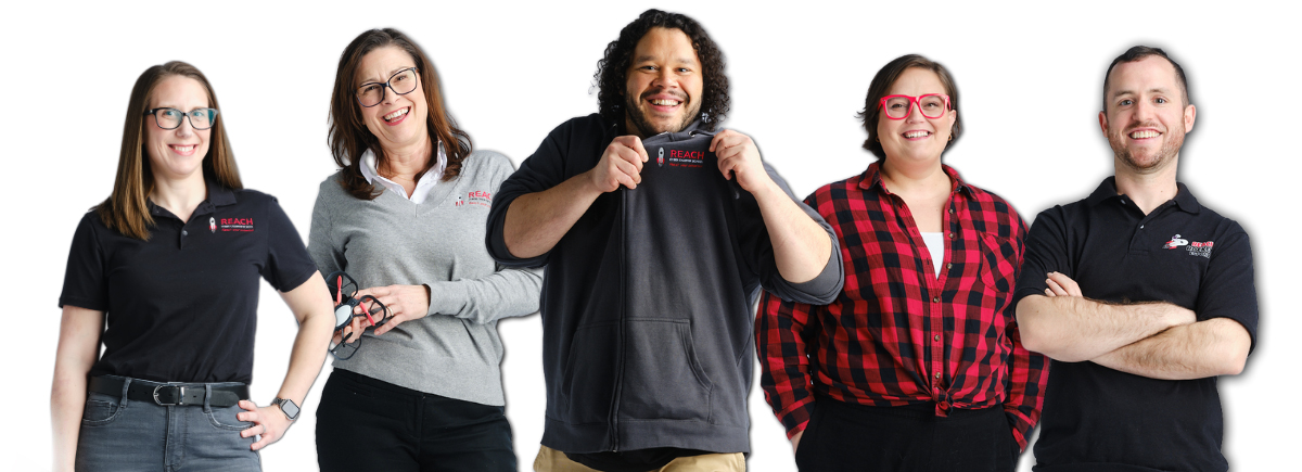 Smiling Reach Cyber Charter School staff stand together under the text, "Reach your potential with our dedicated staff"